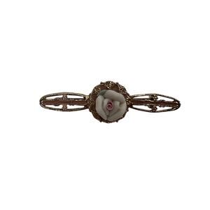 Gold Tone Porcelain Rose Floral Brooch Romantic Womens Costume Jewelry Pin